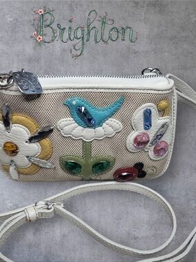 Brighton White Crossbody with Colorful Floral And Rhinestone Embellishments EUC